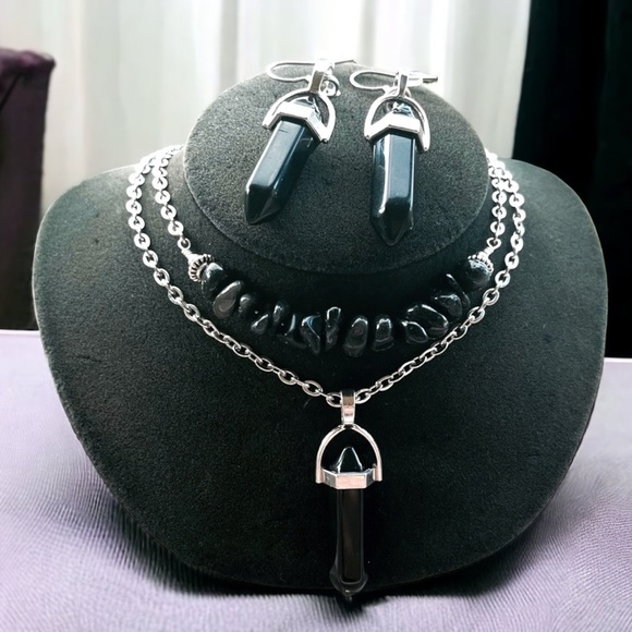 Set ! Black obsidian bullet necklace + mayching dangly earrings goth boho celtic - Picture 3 of 14